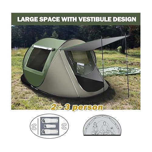  Instant Pop Up Tent, Automatic Easy Setup Outdoor Waterproof Windproof Family Tent, Upgraded 2 Doors Vestibule Sun Shelter for 2/3 People Outdoor Camping,Travelling,Hiking, Beach,Green