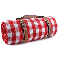 RealPero Extra Large Picnic Blanket Family Size High-end Fabric with PU Carrier Classic Red White Plaid Waterproof Light Weight and Portable Skin Friendly Outdoor Mat for Travel La