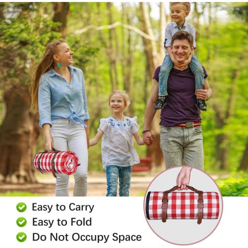  RealPero Extra Large Picnic Blanket Family Size High-end Fabric with PU Carrier Classic Red White Plaid Waterproof Light Weight and Portable Skin Friendly Outdoor Mat for Travel La