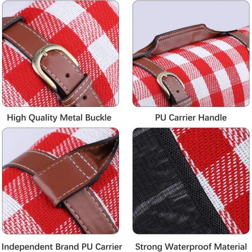  RealPero Extra Large Picnic Blanket Family Size High-end Fabric with PU Carrier Classic Red White Plaid Waterproof Light Weight and Portable Skin Friendly Outdoor Mat for Travel La