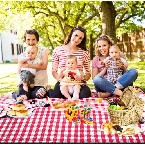  RealPero Extra Large Picnic Blanket Family Size High-end Fabric with PU Carrier Classic Red White Plaid Waterproof Light Weight and Portable Skin Friendly Outdoor Mat for Travel La