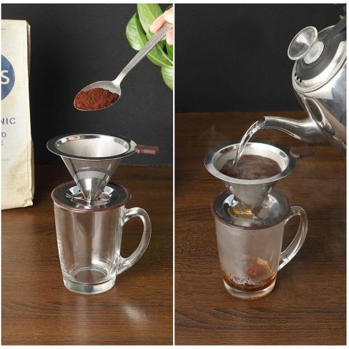  Pour Over Coffee Dripper , RealPero Coffee Filter Stainless Steel Paperless and Reusable , Professional Drip Brew Coffee Cone Strainer , Update Double Micro Mesh Filter with Cup St