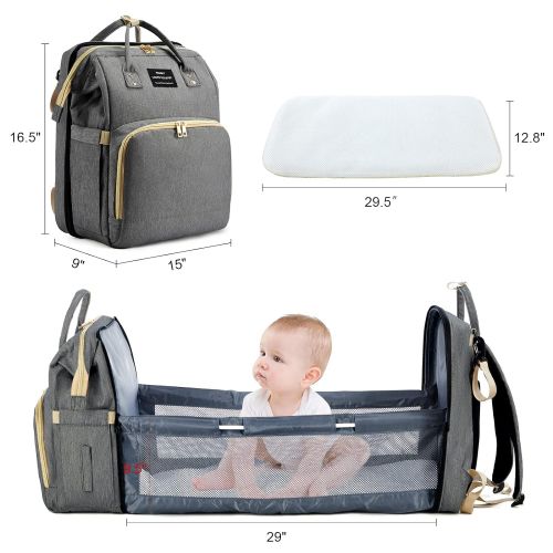  [무료배송]Realer 3 in 1 Diaper Bag Backpack Travel Bassinet Portable Baby Bed, Baby Diaper Bag with Changing Station, Foldable Baby Crib with Changing Pad (Grey)