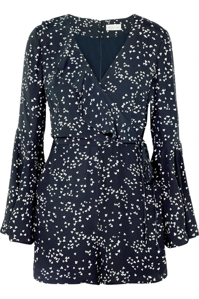 Rebecca Vallance Flores wrap-effect ruffled printed crepe playsuit