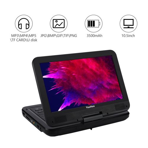  10.5 inch CD Portable DVD Player for Car 6 hours Rechargeable Battery YOOHOO 270°Swivel High Definition LCD Screen, SD Card Slot and USB Port - Black