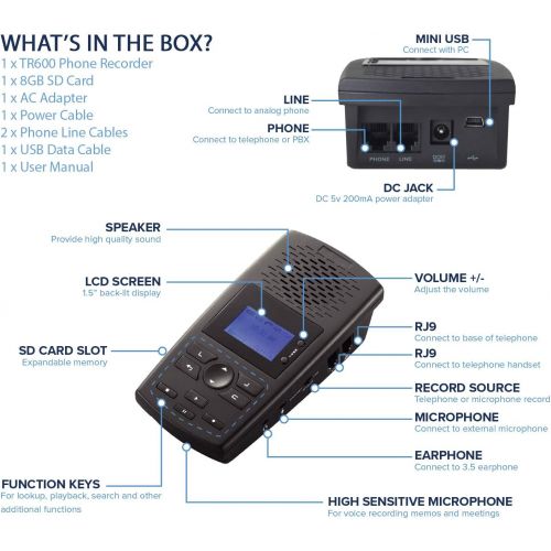  RecorderGear TR600 Landline Phone Call Recorder for AnalogIPDigital Lines, Automatic Telephone Recording Device