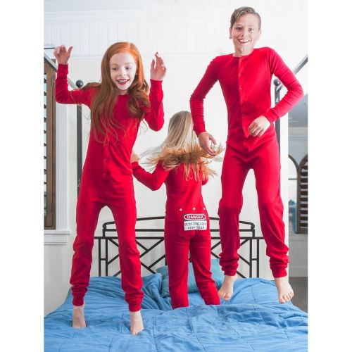  Red Union Suit Kids Pajamas DANGER BLAST AREA Sign on Rear Flapby Big Feet Pajamas