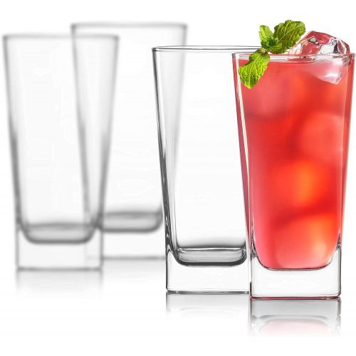  Red rocks Highball Glasses [Set of 4] + 4 Stainless Steel Straws, 16 oz Lead-Free Crystal Clear Glass, Elegant Drinking Cups for Water, Wine, Beer, Cocktails and Mixed Drinks - Round Top, Sq