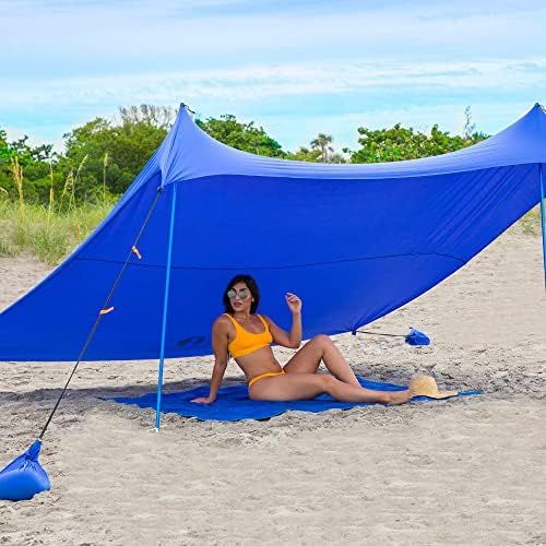  Red Suricata Family Beach Sunshade - Sun Shade Canopy | UPF50 UV Protection | Tent with 4 Aluminum Poles, 4 Pole Anchors, 4 Sandbag Anchors | Large & Portable Shelter Tarp