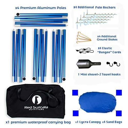  Red Suricata Family Beach Sunshade - Sun Shade Canopy | UPF50 UV Protection | Tent with 4 Aluminum Poles, 4 Pole Anchors, 4 Sandbag Anchors | Large & Portable Shelter Tarp