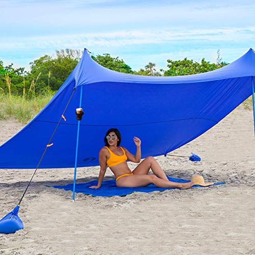  Red Suricata Family Beach Sunshade & 2 Beverage Holders Bundle Sun Shade Canopy UPF50 UV Protection Water Repellent Tent with 4 Aluminum Poles & 4 Pole Anchors (Medium, Blue)