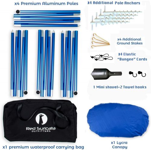  Red Suricata Family Beach Sunshade & 2 Beverage Holders Bundle Sun Shade Canopy UPF50 UV Protection Water Repellent Tent with 4 Aluminum Poles & 4 Pole Anchors (Medium, Blue)