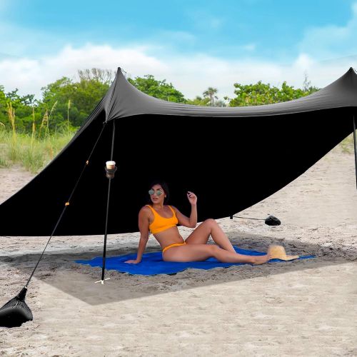  Red Suricata Family Beach Sunshade & 2 Beverage Holders Bundle - Sun Shade Canopy UPF50 UV Protection Water Repellent Tent with 4 Aluminum Poles & 4 Pole Anchors (Large, Black)