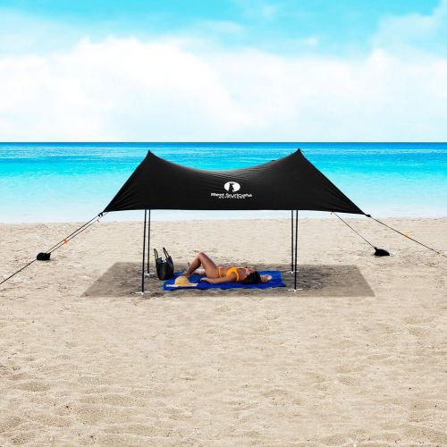  Red Suricata Family Beach Sunshade & 2 Beverage Holders Bundle - Sun Shade Canopy UPF50 UV Protection Water Repellent Tent with 4 Aluminum Poles & 4 Pole Anchors (Large, Black)