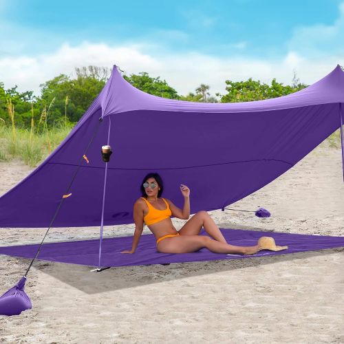  Red Suricata Family Beach Tent & Beach Canopy, Matching Sand Free Beach Mat Blanket & 2 Beverage Holders Bundle - UPF50 UV Sun Shade Shelter (Large, Purple)