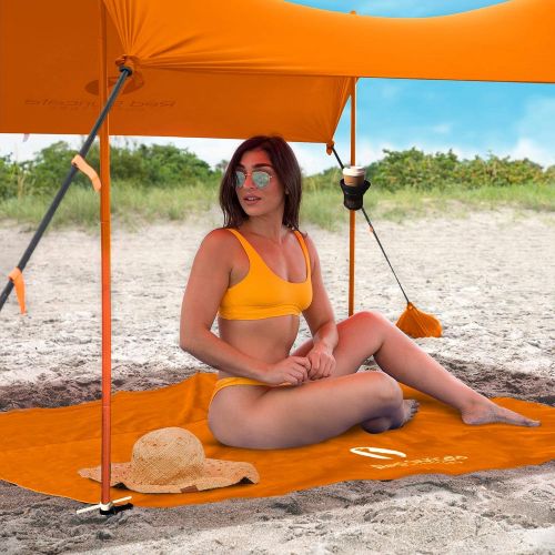  Red Suricata Family Beach Sunshade, Matching Sand Free Beach Mat Blanket & 2 Beverage Holders Bundle - Sun Shade Canopy UPF50 UV Protection WR Tent with 4 Alum Poles & 4 Anchors (M