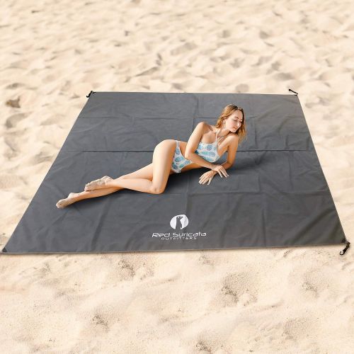  Red Suricata Family Beach Sunshade, Matching Sand Free Beach Mat Blanket & 2 Beverage Holders Bundle - Sun Shade Canopy UPF50 UV Protection WR Tent with 4 Alum Poles & 4 Anchors (M