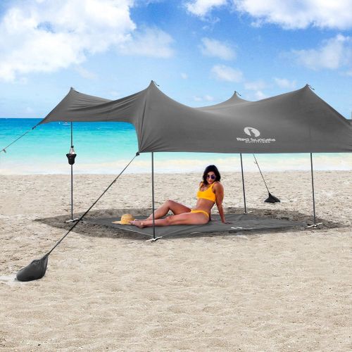  Red Suricata Family Beach Sunshade, Matching Sand Free Beach Mat Blanket & 2 Beverage Holders Bundle - Sun Shade Canopy UPF50 UV Protection WR Tent with 4 Alum Poles & 4 Anchors (M