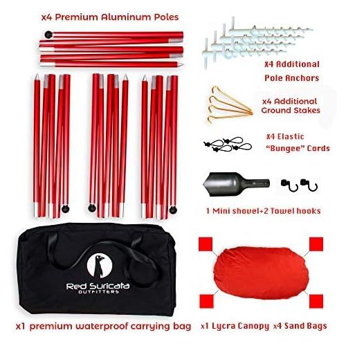  Red Suricata Family Beach Tent & Beach Canopy, UPF50 Sun Beach Shade, Sunshade with 4 Aluminum Poles, 4 Pole Anchors & Sand Shovel, Large & Portable Sun Shelter Tarp