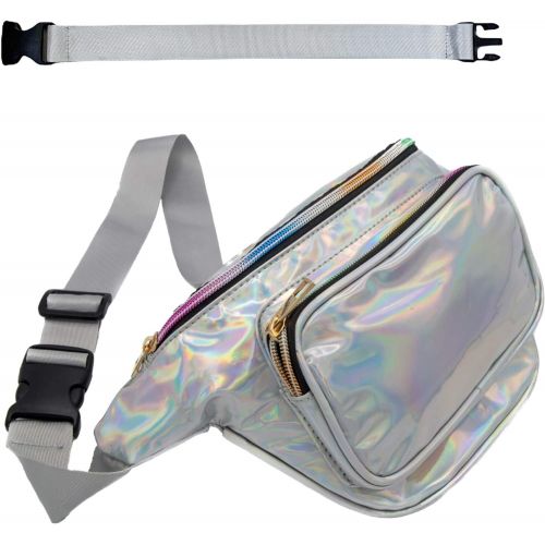  RedOrbis Plus Size Fanny Pack for Women with Extender - Holographic Fanny Pack for Sport Outdoor Travel Hiking - Extra strap Adjustable Belt - 3 Pockets Water-Resistant (silver hol