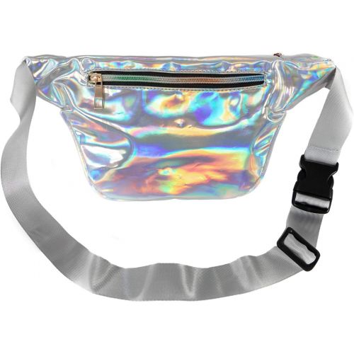  RedOrbis Plus Size Fanny Pack for Women with Extender - Holographic Fanny Pack for Sport Outdoor Travel Hiking - Extra strap Adjustable Belt - 3 Pockets Water-Resistant (silver hol