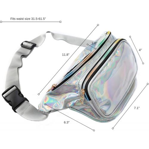  RedOrbis Plus Size Fanny Pack for Women with Extender - Holographic Fanny Pack for Sport Outdoor Travel Hiking - Extra strap Adjustable Belt - 3 Pockets Water-Resistant (silver hol