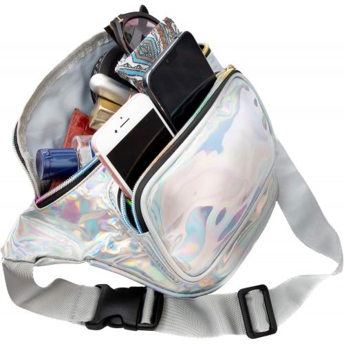  RedOrbis Plus Size Fanny Pack for Women with Extender - Holographic Fanny Pack for Sport Outdoor Travel Hiking - Extra strap Adjustable Belt - 3 Pockets Water-Resistant (silver hol