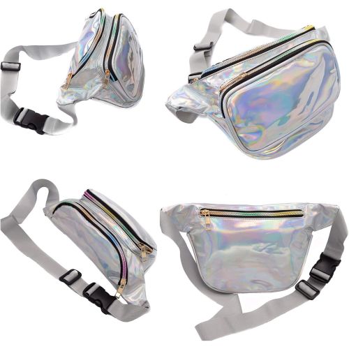  RedOrbis Plus Size Fanny Pack for Women with Extender - Holographic Fanny Pack for Sport Outdoor Travel Hiking - Extra strap Adjustable Belt - 3 Pockets Water-Resistant (silver hol