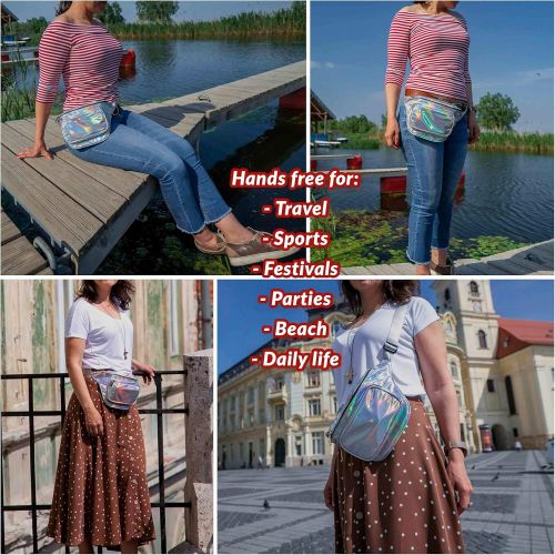  RedOrbis Plus Size Fanny Pack for Women with Extender - Holographic Fanny Pack for Sport Outdoor Travel Hiking - Extra strap Adjustable Belt - 3 Pockets Water-Resistant (silver hol