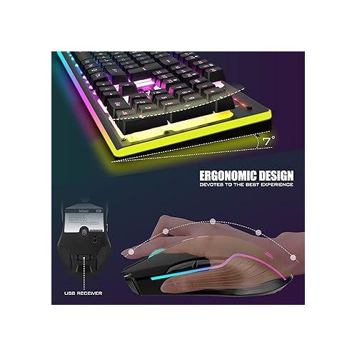  RedThunder K10 Wireless Gaming Keyboard and Mouse Combo, LED Backlit Rechargeable 3800mAh Battery, Mechanical Feel Anti-ghosting Keyboard + 7D 3200DPI Mice for PC Gamer (Black)