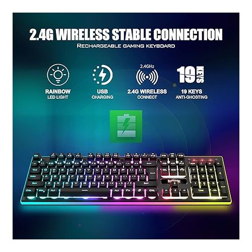  RedThunder K10 Wireless Gaming Keyboard, Rechargeable 3000mAh 2.4G LED Backlit Wireless Keyboard, Ergonomic Keyboard with Mechanical Feeling Keys for PC PS4 Xbox One Mac, Teclado Gamer, Black