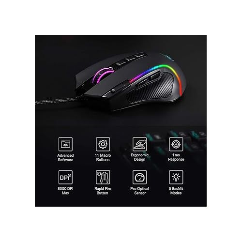  Redragon M612 Predator RGB Gaming Mouse, 8000 DPI Wired Optical Gamer Mouse with 11 Programmable Buttons & 5 Backlit Modes, Software Supports DIY Keybinds Rapid Fire Button