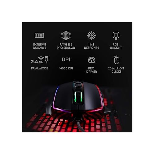  Redragon M686 Wireless Gaming Mouse, 16000 DPI Wired/Wireless Gamer Mouse with Professional Sensor, 45-Hour Durable Power Capacity, Customizable Macro and RGB Backlight for PC/Mac/Laptop