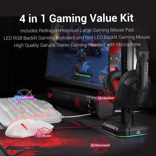  [아마존핫딜][아마존 핫딜] Redragon S101 Wired RGB Backlit Gaming Keyboard and Mouse, Gaming Mouse Pad, Gaming Headset Combo All in ONE PC Gamer Bundle for Windows PC  (White)