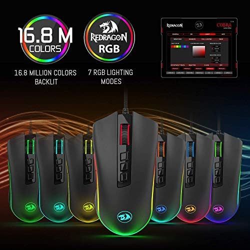  [아마존베스트]Redragon M711 Cobra Gaming Mouse with 16.8 Million RGB Color Backlit, 10,000 DPI Adjustable, Comfortable Grip, 7 Programmable Buttons