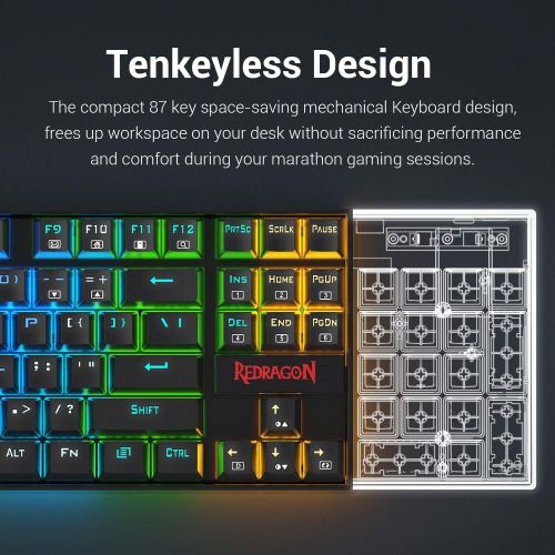  [아마존베스트]Redragon K552-RGB Mechanical Gaming Keyboard Compact 87 Key Mechanical Computer Keyboard KUMARA USB Wired Cherry MX Blue Equivalent Switches for Windows PC Gamers (Black RGB Backli