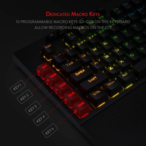  Redragon K596 Vishnu 2.4G Wireless/Wired RGB Mechanical Gaming Keyboard, 87 Keys TKL Compact Keyboard w/Durable Battery, 10 Onboard Macro Keys & Wrist Rest, 10H Play Time, Red Swit