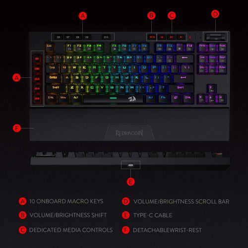  Redragon K596 Vishnu 2.4G Wireless/Wired RGB Mechanical Gaming Keyboard, 87 Keys TKL Compact Keyboard w/Durable Battery, 10 Onboard Macro Keys & Wrist Rest, 10H Play Time, Red Swit