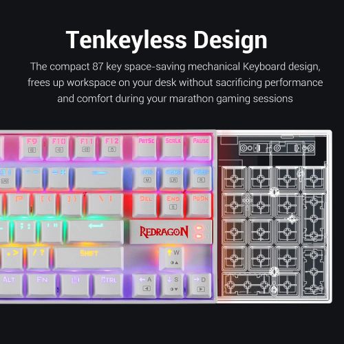  Redragon K552 Mechanical Gaming Keyboard Rainbow LED Backlit Wired with Anti-Dust Proof Switches for Windows PC (White, 87 Key Red Switch)