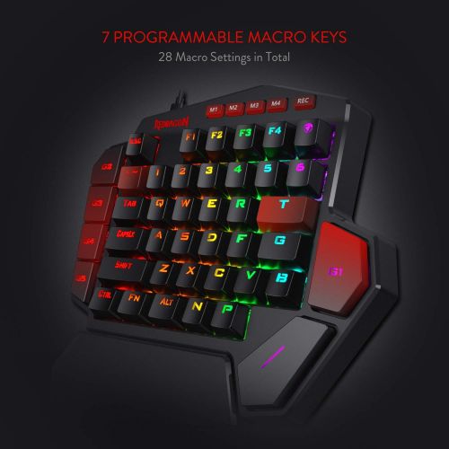  Redragon K585 DITI One-Handed RGB Mechanical Gaming Keyboard, Type-C Professional Gaming Keypad with 7 Onboard Macro Keys, Detachable Wrist Rest, 42 Keys (Black-Blue Switch)