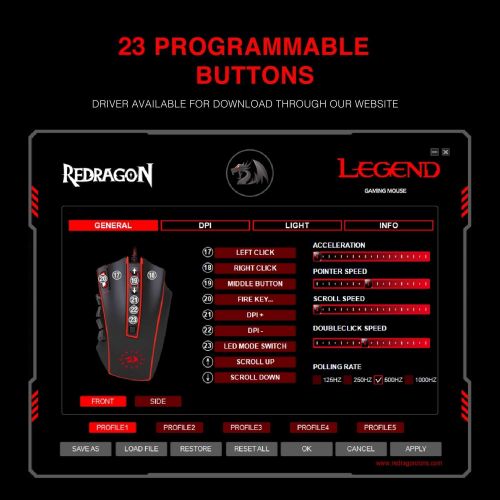  Redragon M990 Legend 24000 DPI High-Precision Programmable Laser Gaming Mouse for PC, MMO FPS, 16 Side Buttons, 5 Programmable User Profiles, 5 LED Lighting Modes (Black)