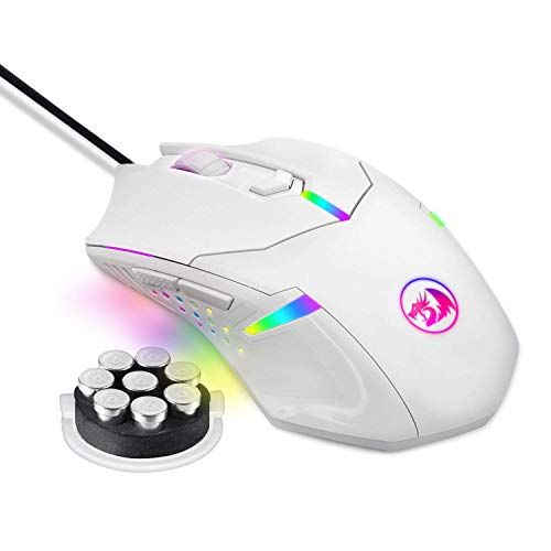  Redragon M601 RGB Gaming Mouse Backlit Wired Ergonomic 7 Button Programmable Mouse Centrophorus with Macro Recording & Weight Tuning Set 7200 DPI for Windows PC (White)