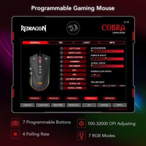  Redragon M711-FPS Cobra FPS Optical Switch (LK) Gaming Mouse, Wired RGB Gamer Mouse w/ 50 Million Click Lifespan, Onboard 16,000 DPI (32,000 via Software) and 7 Programmable Macro
