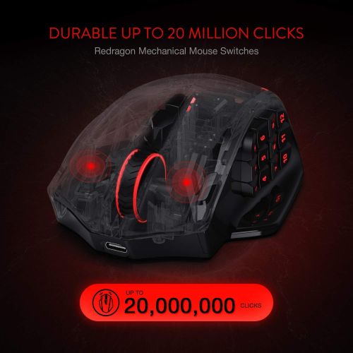  Redragon M913 Impact Elite Wireless Gaming Mouse, 16000 DPI Wired/Wireless RGB Gamer Mouse with 16 Programmable Buttons, 45 Hr Battery and Pro Optical Sensor, 12 Side Buttons MMO M