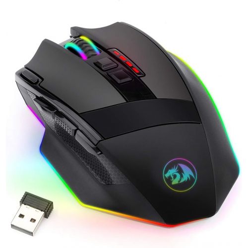  Redragon M801 Gaming Mouse LED RGB Backlit MMO 9 Programmable Buttons Mouse with Macro Recording Side Buttons Rapid Fire Button 16000 DPI for Windows PC Gamer (Wireless, Black)