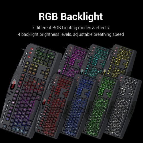  Redragon S101 Wired Gaming Keyboard and Mouse Combo RGB Backlit Gaming Keyboard with Multimedia Keys Wrist Rest and Red Backlit Gaming Mouse 3200 DPI for Windows PC Gamers (Black)