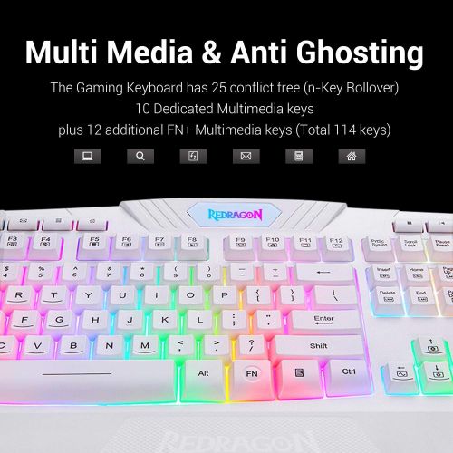  Redragon K503 PC Gaming Keyboard, RGB LED Backlit, Wired, Multimedia Keys, Silent USB Keyboard with Wrist Rest for Windows PC Games (White)
