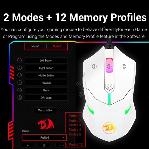  Redragon M601 RGB Gaming Mouse Backlit Wired Ergonomic 7 Button Programmable Mouse Centrophorus with Macro Recording & Weight Tuning Set 7200 DPI for Windows PC (White)