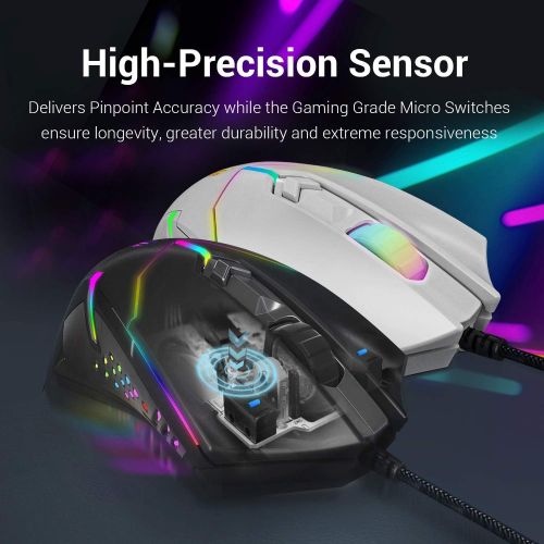  Redragon M601 RGB Gaming Mouse Backlit Wired Ergonomic 7 Button Programmable Mouse Centrophorus with Macro Recording & Weight Tuning Set 7200 DPI for Windows PC (White)