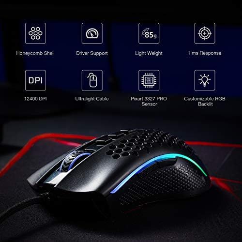  Redragon M808 Storm Lightweight RGB Gaming Mouse, 85g Ultralight Honeycomb Shell - 12,400 DPI Optical Sensor - 7 Programmable Buttons - Precise Registration - Super-Lite Cable